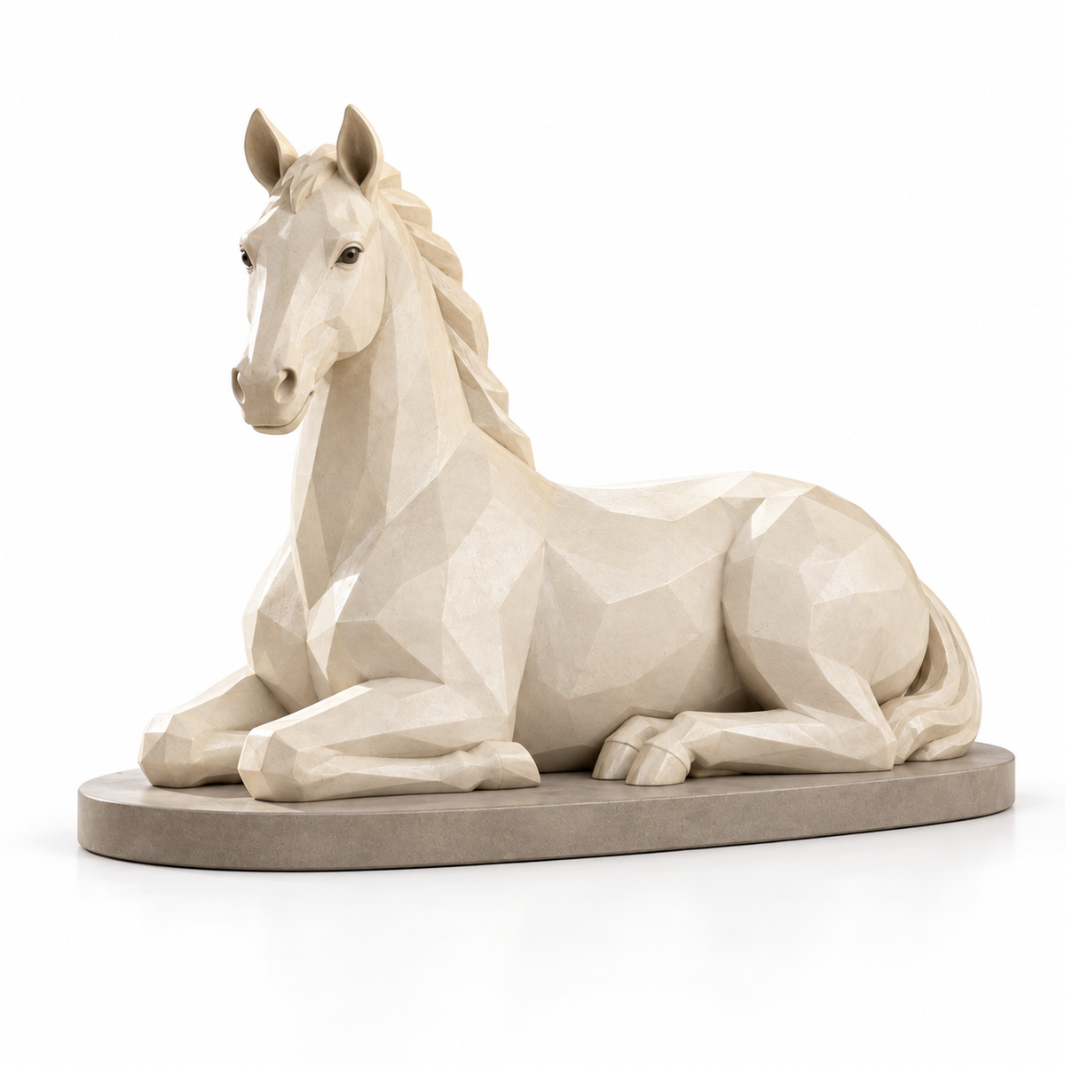 Dune Repose ivory fiberglass geometric reclining horse sculpture with its base against a white background.