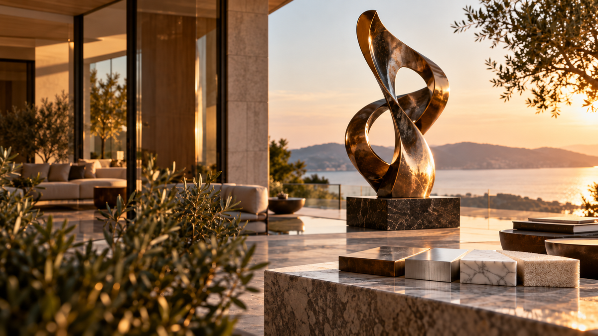 Bronze abstract sculpture on a pedestal beside a pool at sunset.