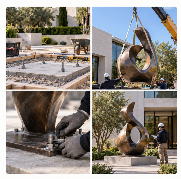 Four views of preparing a sculpture foundation, lifting, anchoring and final placement.
