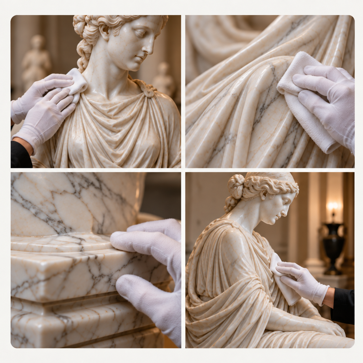 Four views showing gentle cleaning of a carved marble figure.