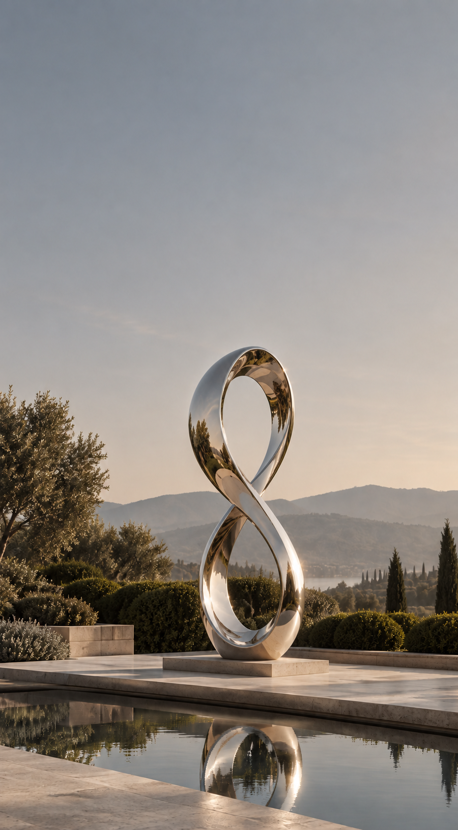Abstract metal sculpture beside a pool overlooking mountains.