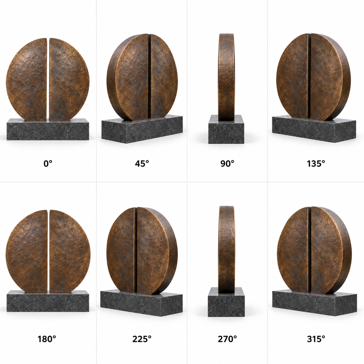 Eight labeled front, side and rear views of Earthbound Echo bronze minimalist split disc memorial sculpture on a pure white background.