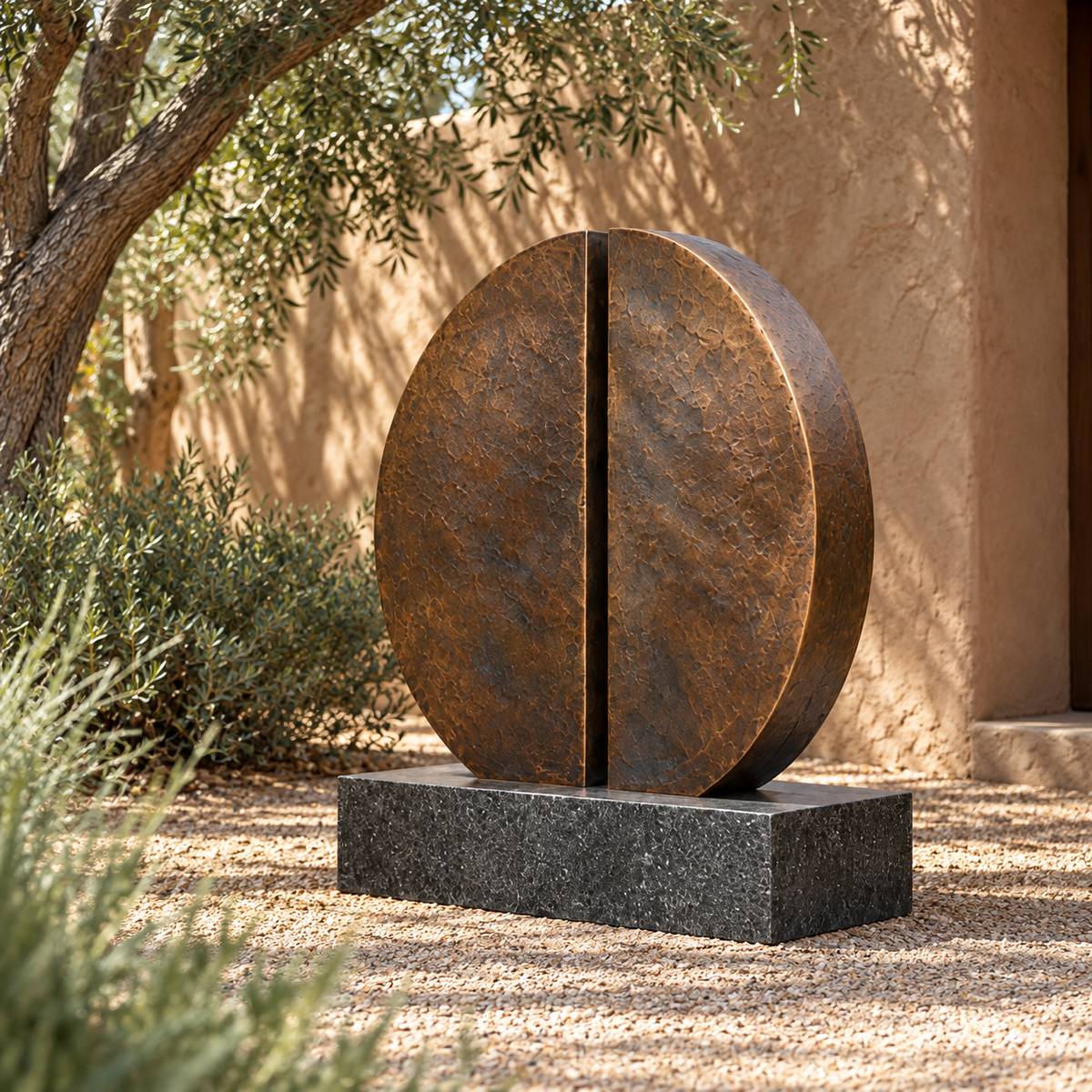 Opposite front three-quarter view of Earthbound Echo bronze minimalist split disc memorial sculpture in a different garden setting.