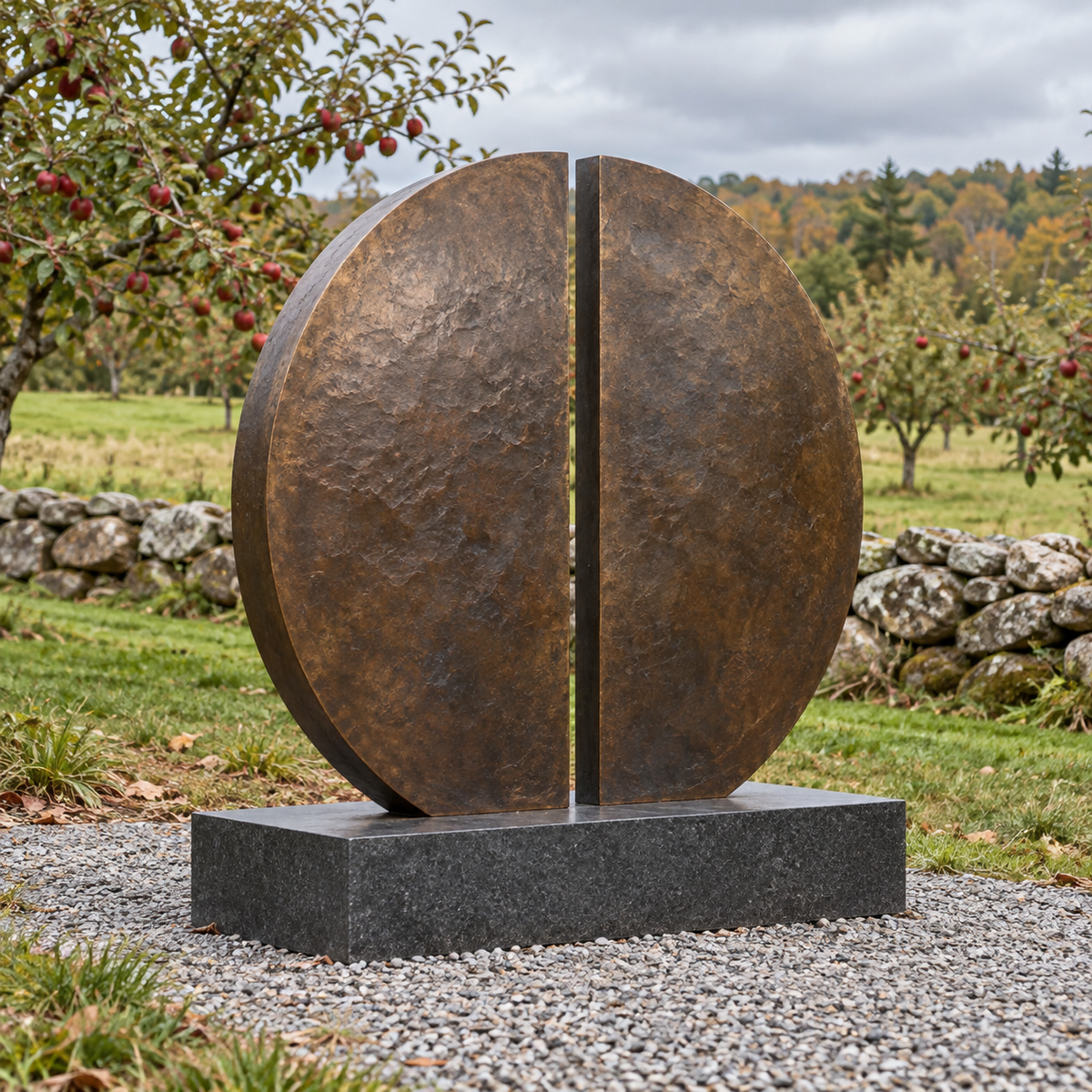 Earthbound Echo bronze minimalist split disc memorial sculpture in a naturally lit outdoor setting.