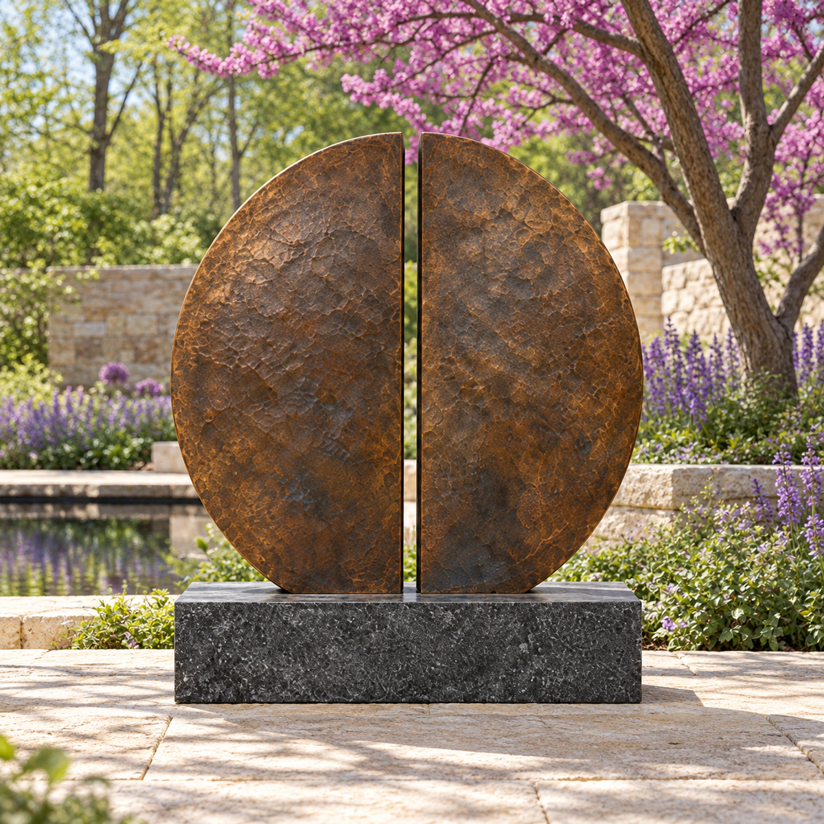 Rear view of Earthbound Echo bronze minimalist split disc memorial sculpture showing the back and base.