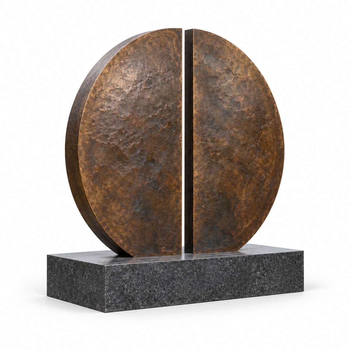 Earthbound Echo bronze minimalist split disc memorial sculpture isolated on white with its integral base.