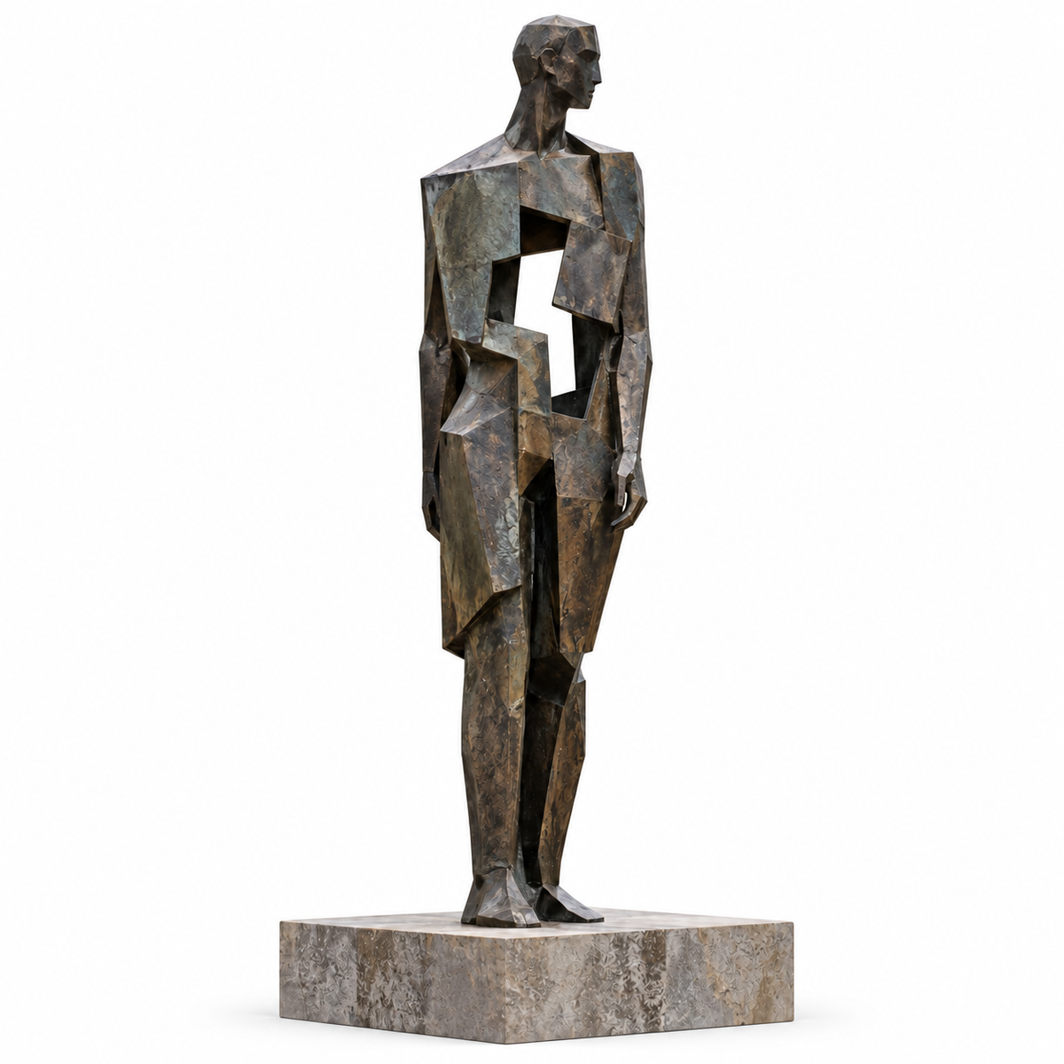 Dark bronze abstract standing human figure sculpture with geometric fragmented surfaces and an open torso void