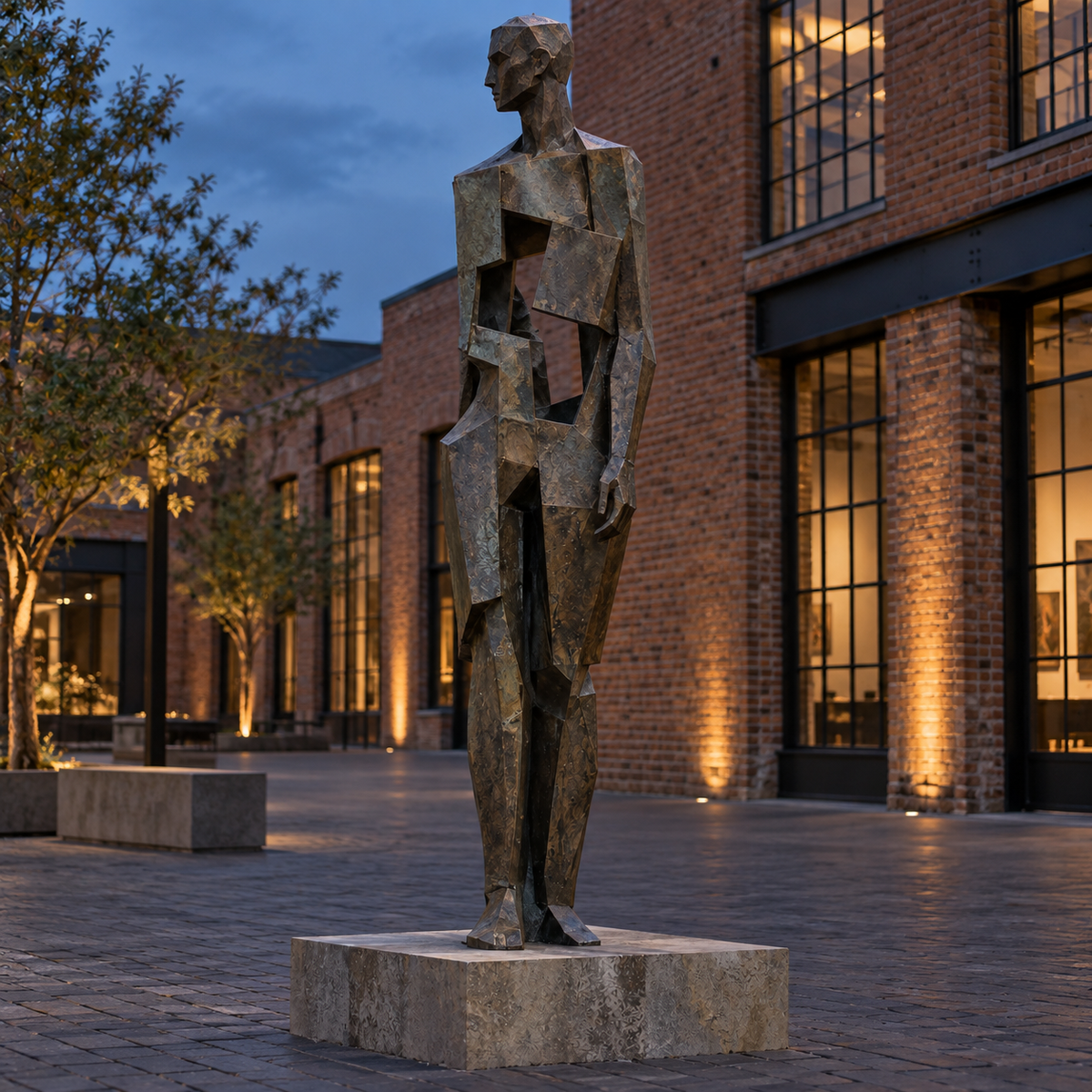 Echoed Presence Dark Bronze Abstract Figurative Sculpture — brick courtyard at dusk.