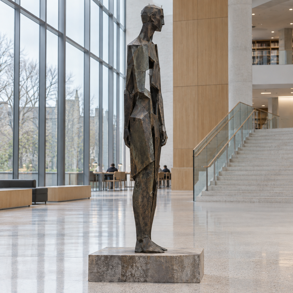 Echoed Presence Dark Bronze Abstract Figurative Sculpture — bright atrium beside a staircase viewed from the side.