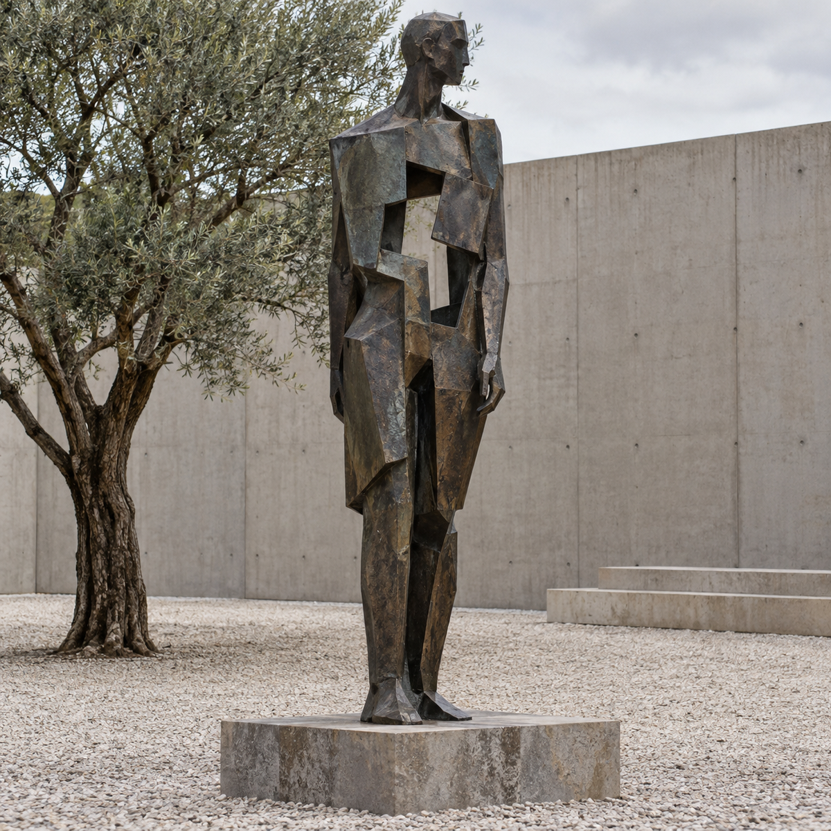 Echoed Presence dark bronze abstract figurative sculpture with torso void displayed in a minimalist memorial courtyard