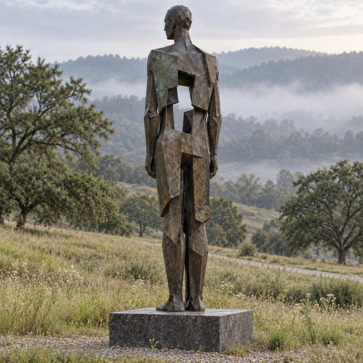 Echoed Presence Dark Bronze Abstract Figurative Sculpture — misty hillside meadow.