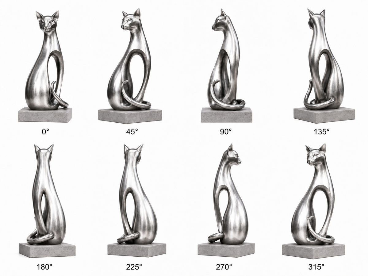 Elegant Curves stainless steel abstract sitting cat sculpture shown in 8-angle 360-degree views on a white background.