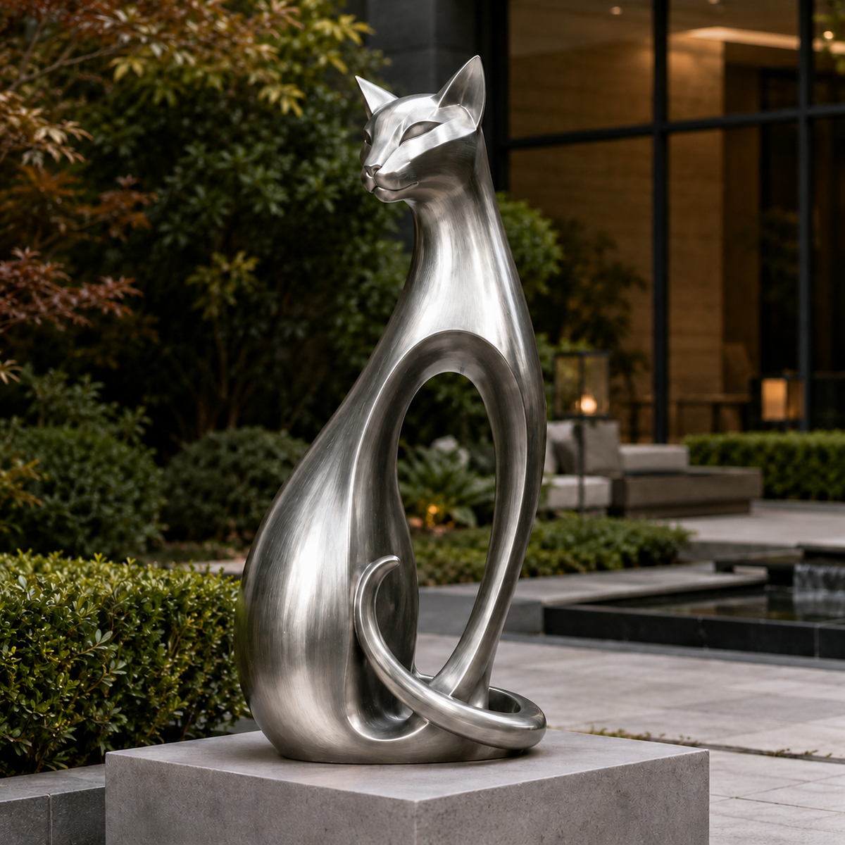 Elegant Curves stainless steel abstract sitting cat sculpture displayed in a refined commercial landscape setting.