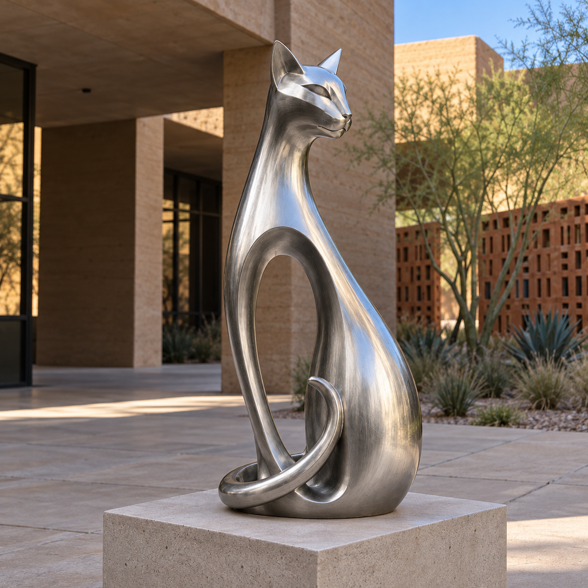 Elegant Curves Stainless Steel Abstract Sitting Cat Sculpture — desert garden courtyard.