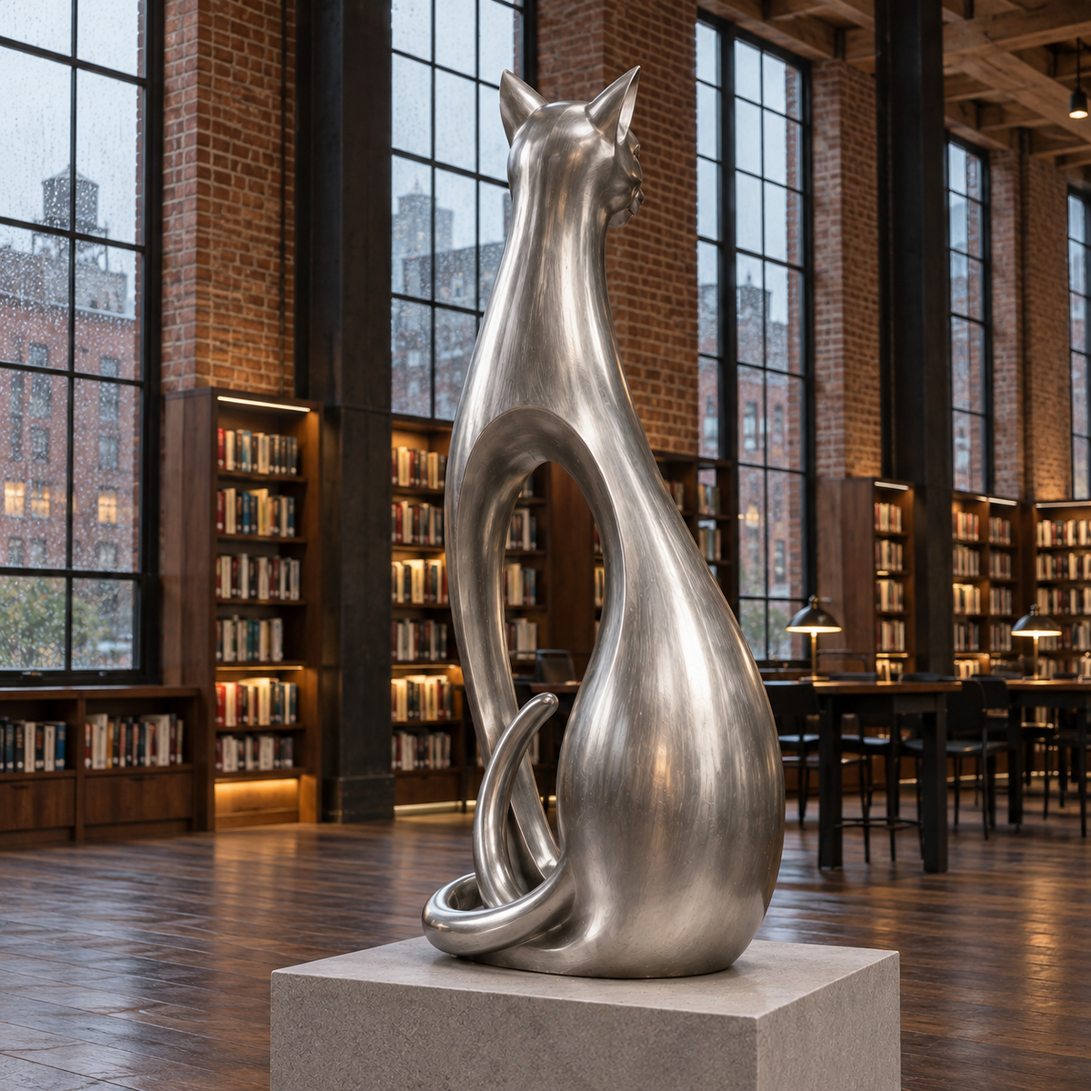 Elegant Curves Stainless Steel Abstract Sitting Cat Sculpture — library with tall windows.