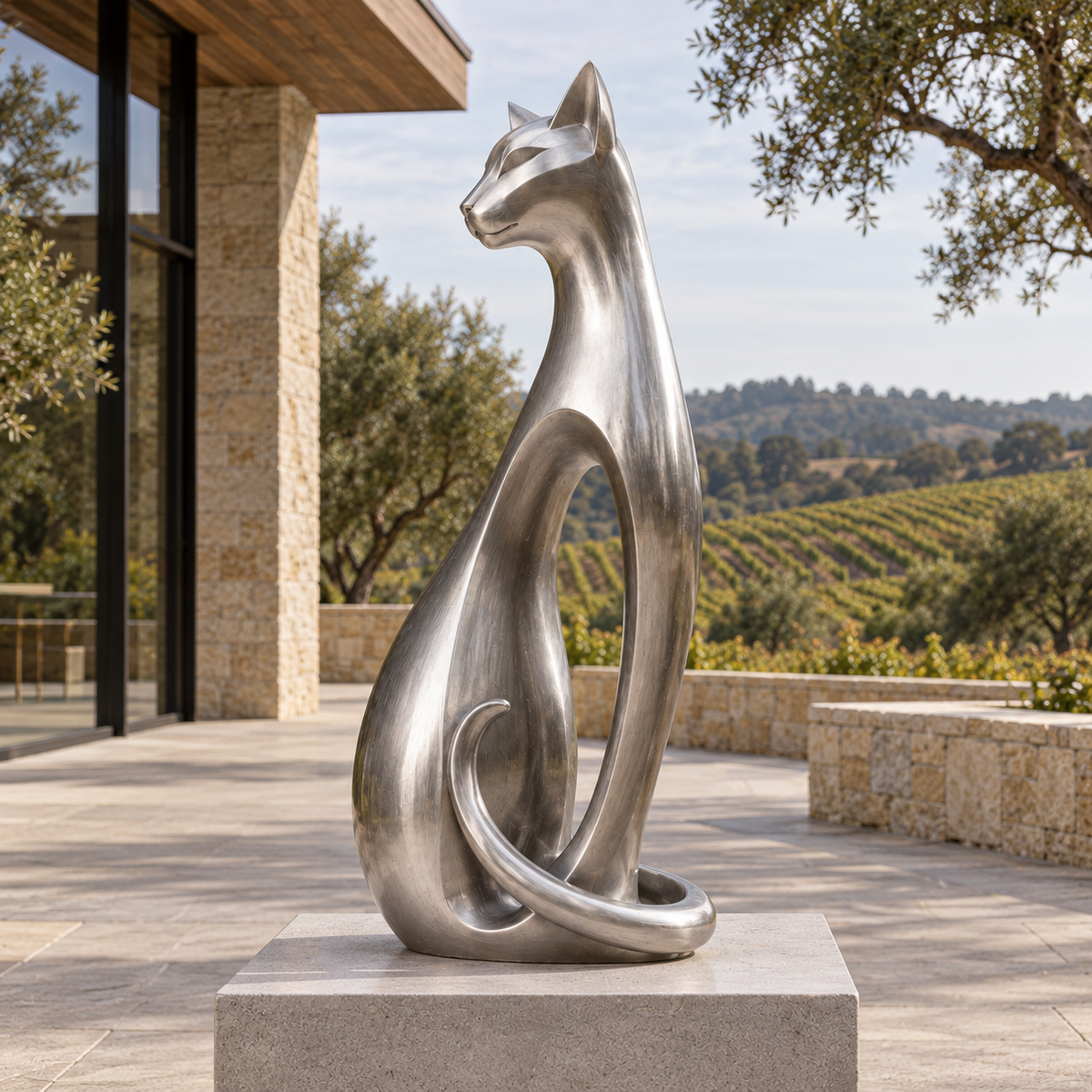 Elegant Curves Stainless Steel Abstract Sitting Cat Sculpture — terrace overlooking a vineyard.