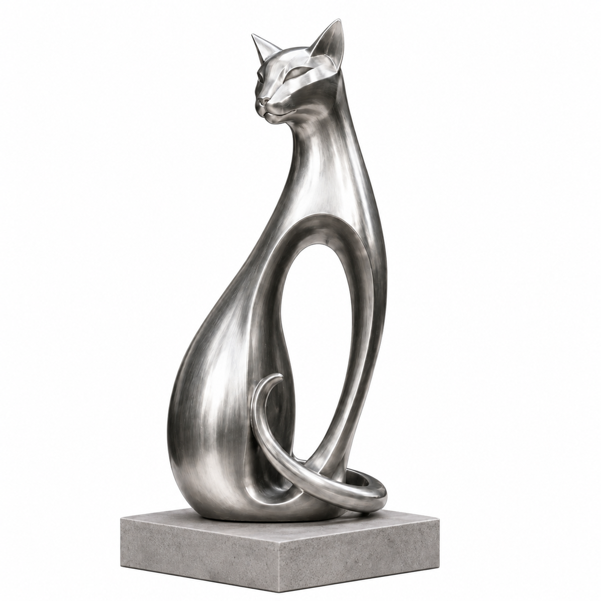Elegant Curves stainless steel abstract sitting cat sculpture isolated on a white background.