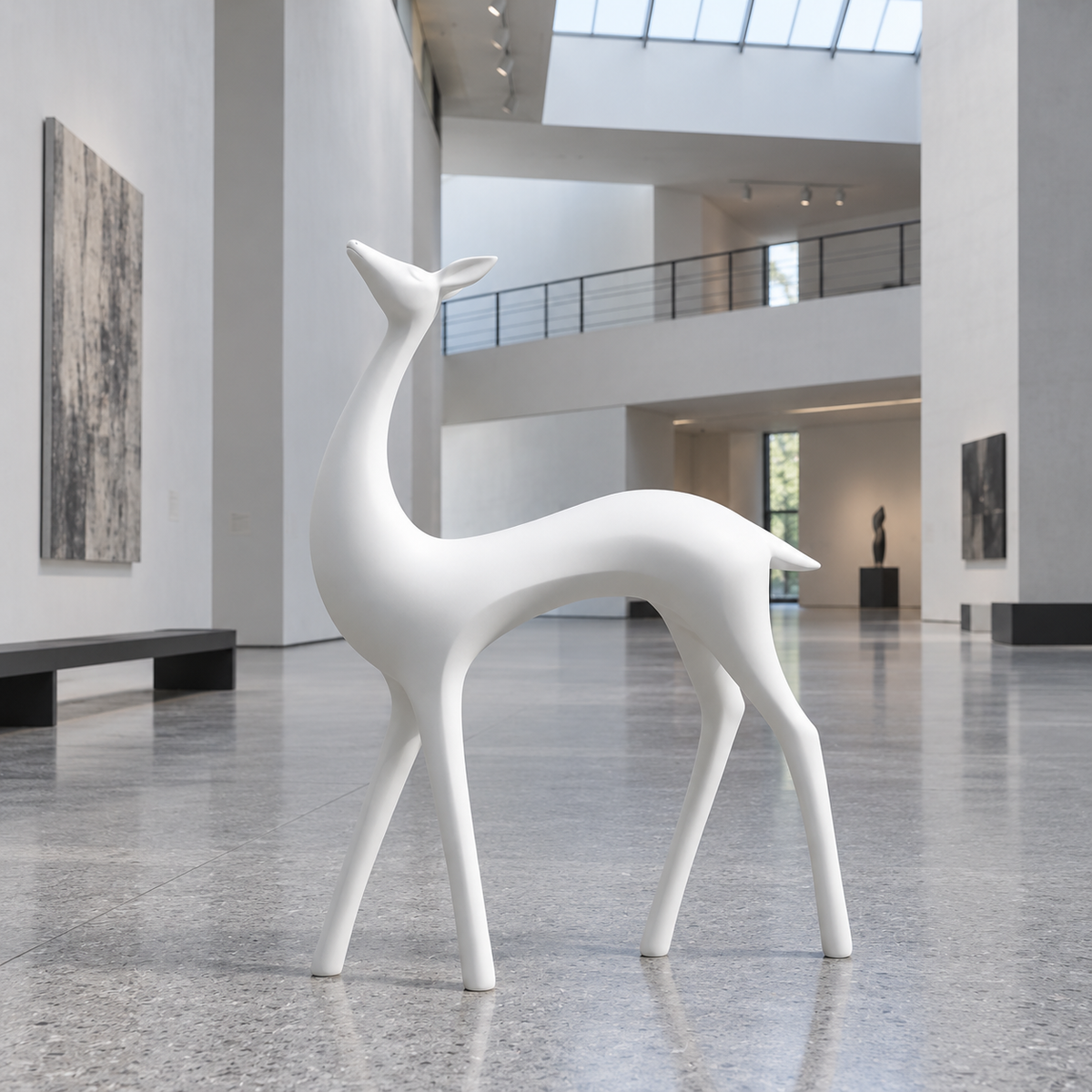 Elegant Spirit white fiberglass deer sculpture with slender legs and an upright neck in a bright atrium.