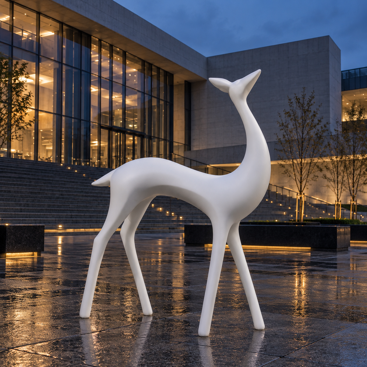 Elegant Spirit white fiberglass deer sculpture outside a glass-fronted building at dusk.