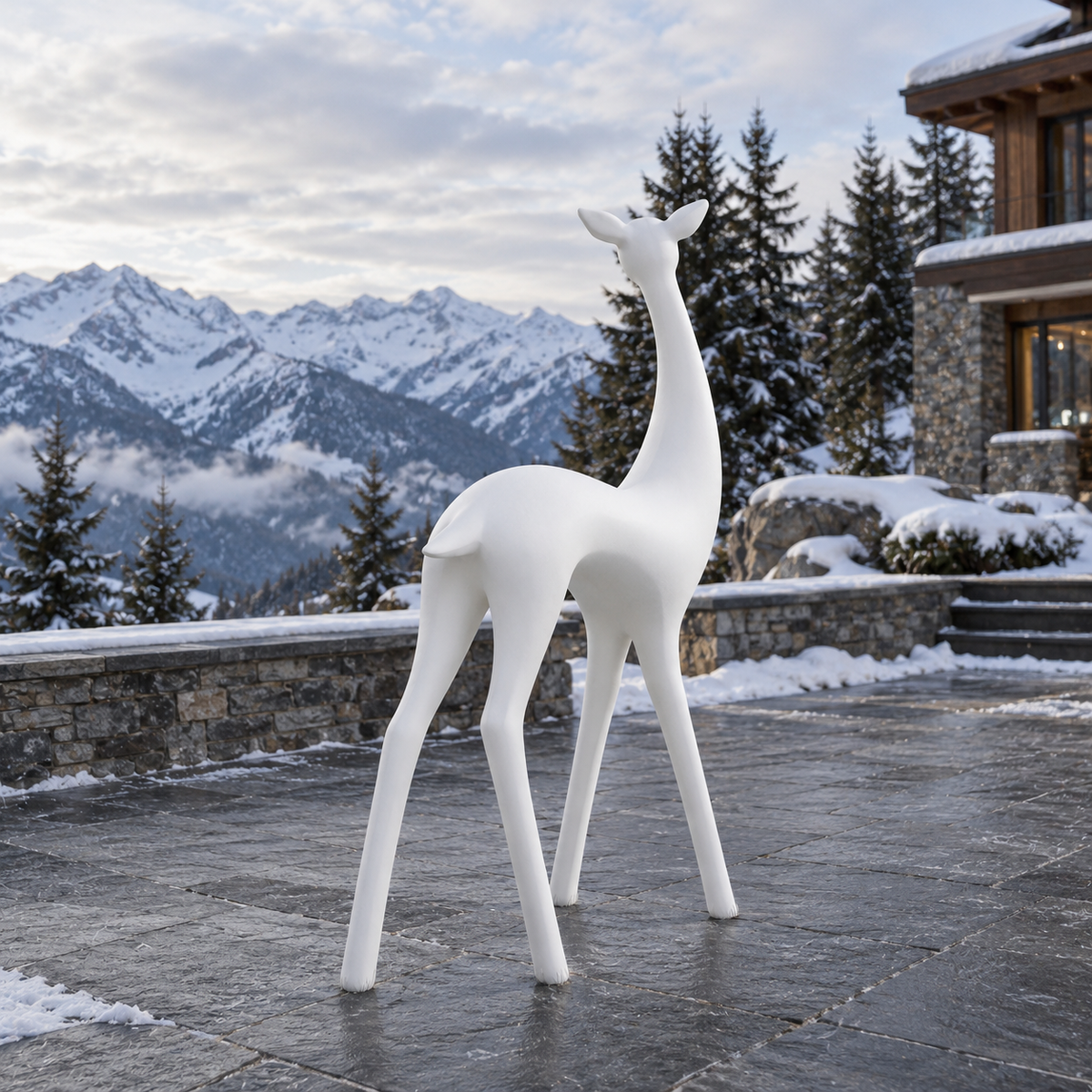 Elegant Spirit white fiberglass deer sculpture on a terrace with snowy mountains in the background.