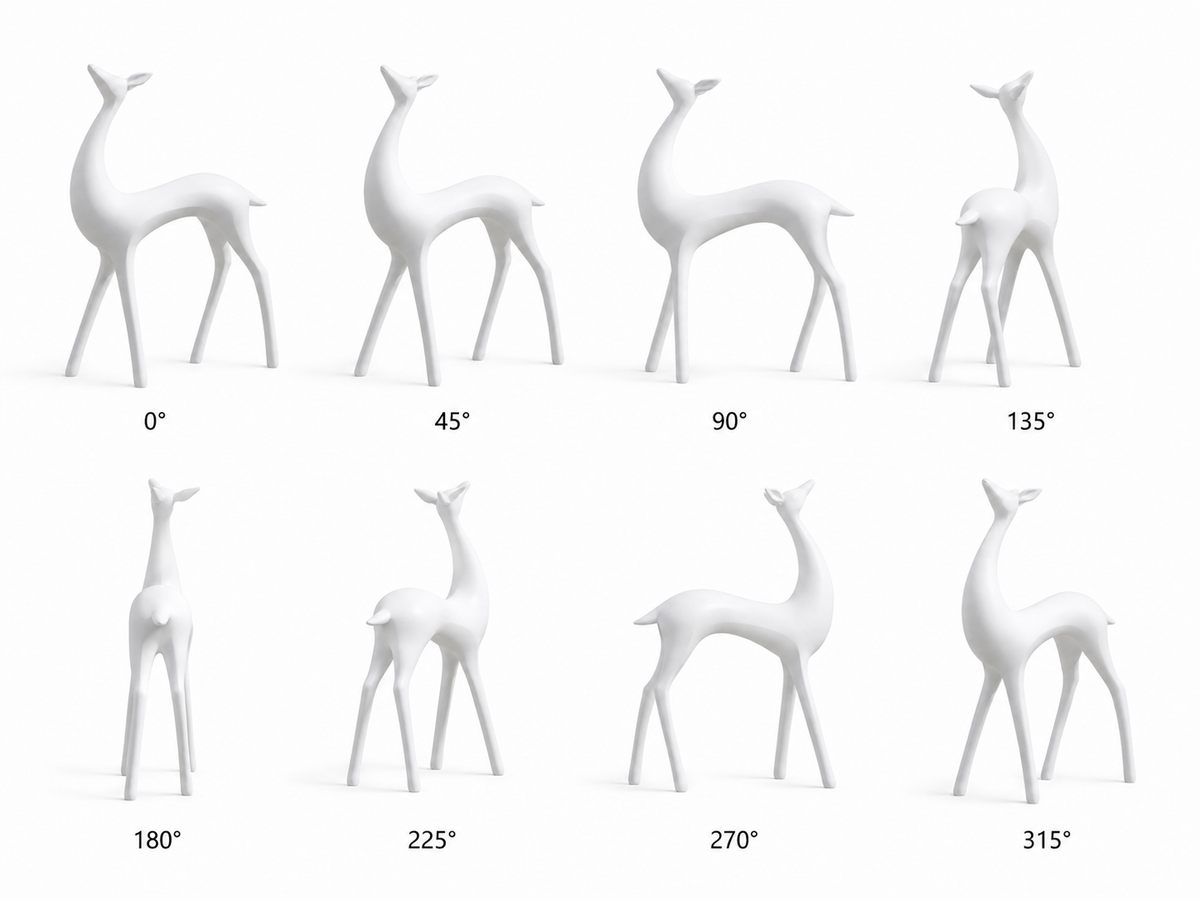 360 degree views of Elegant Spirit white fiberglass deer sculpture shown from eight different angles