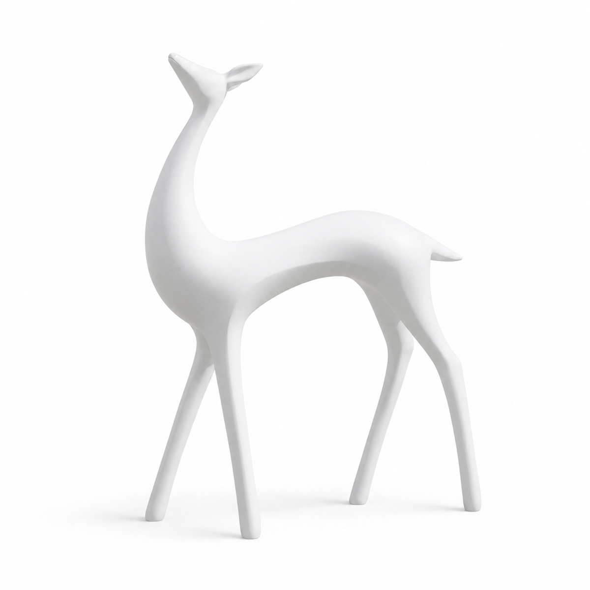 Elegant Spirit white fiberglass deer sculpture on a white background with a sleek modern form