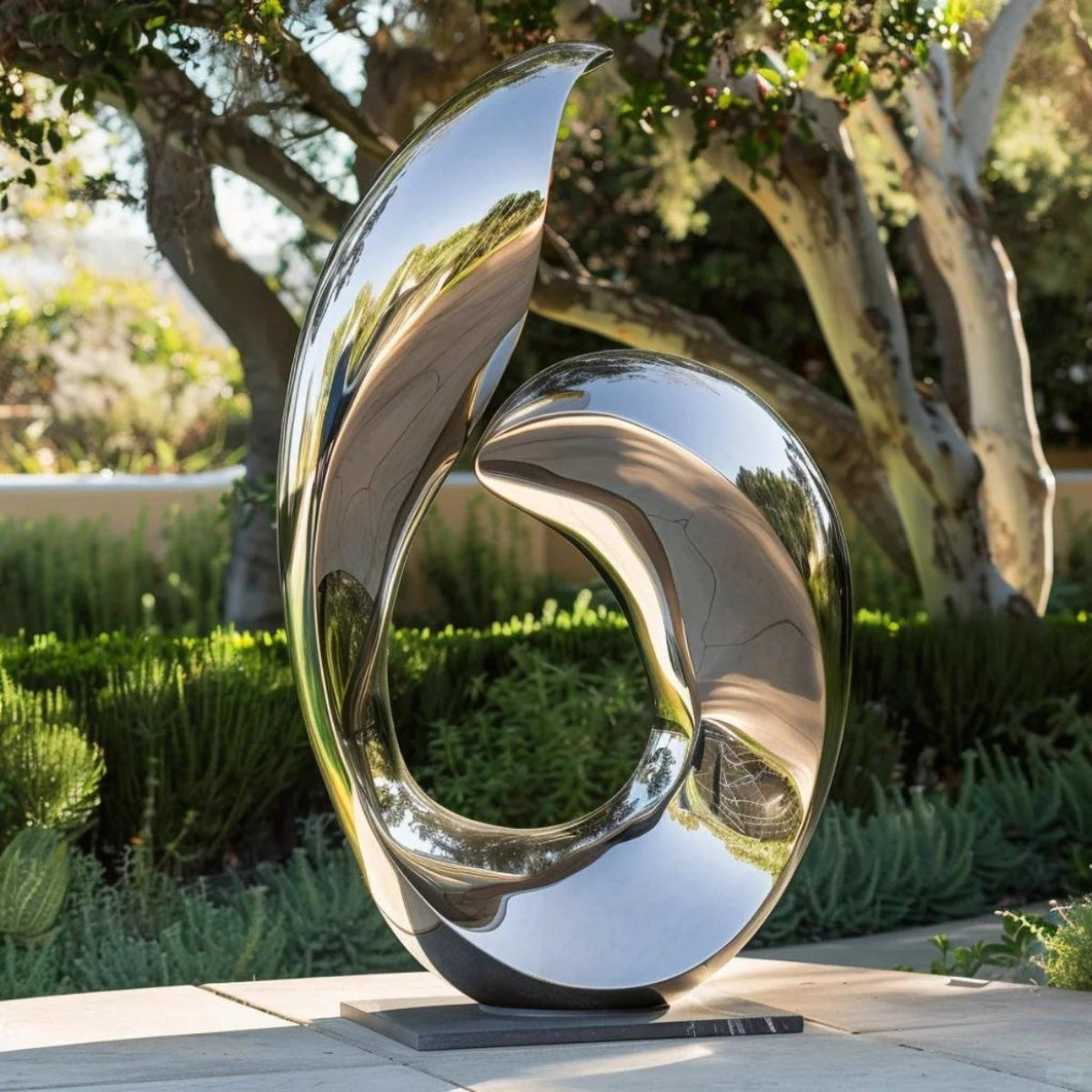 Embracing Leaves mirror stainless steel abstract leaf sculpture displayed in an outdoor garden and landscape setting