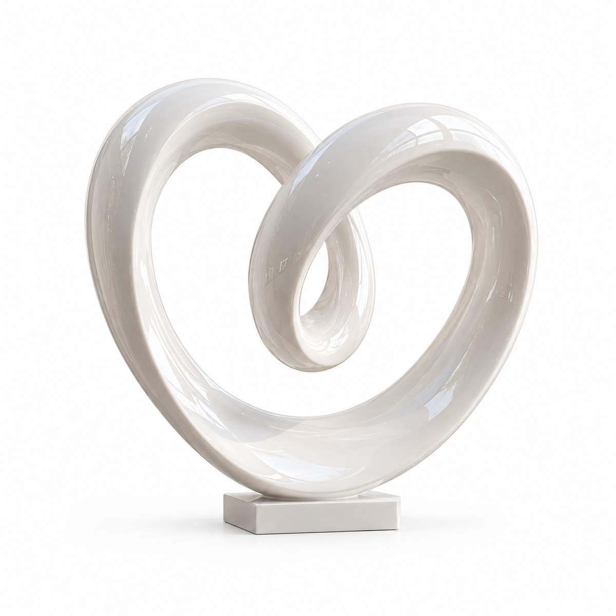 Endless Embrace white fiberglass abstract loop sculpture displayed in a contemporary indoor home setting