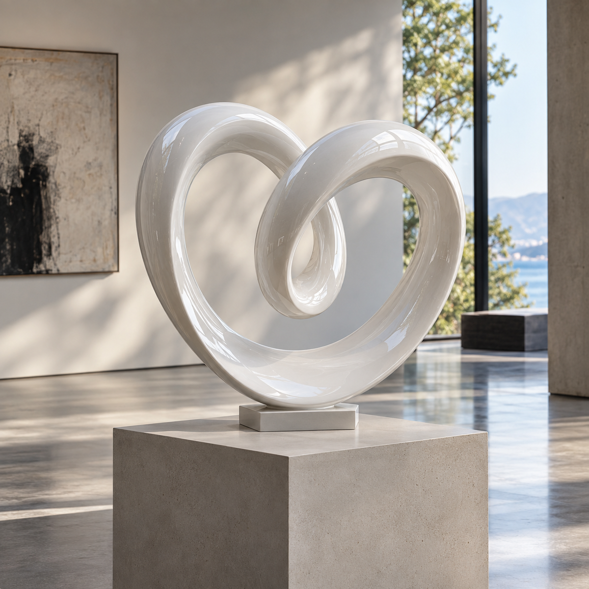 Endless Embrace white fiberglass abstract loop sculpture on a white background with smooth continuous curved form
