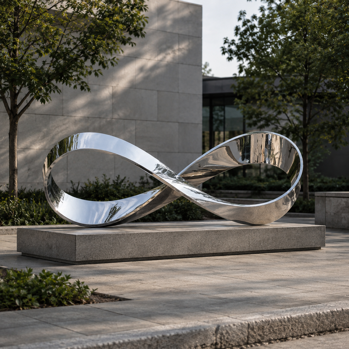 Endless Flow large mirror stainless steel infinity loop sculpture displayed in an elegant outdoor public space with modern landscape surroundings
