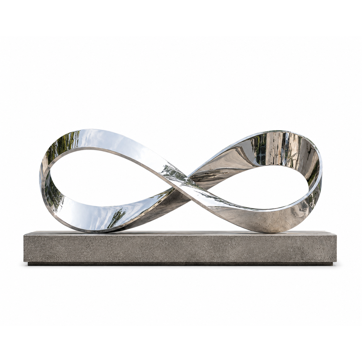 Endless Flow large mirror stainless steel infinity loop sculpture on a white background featuring a sleek horizontal infinity form