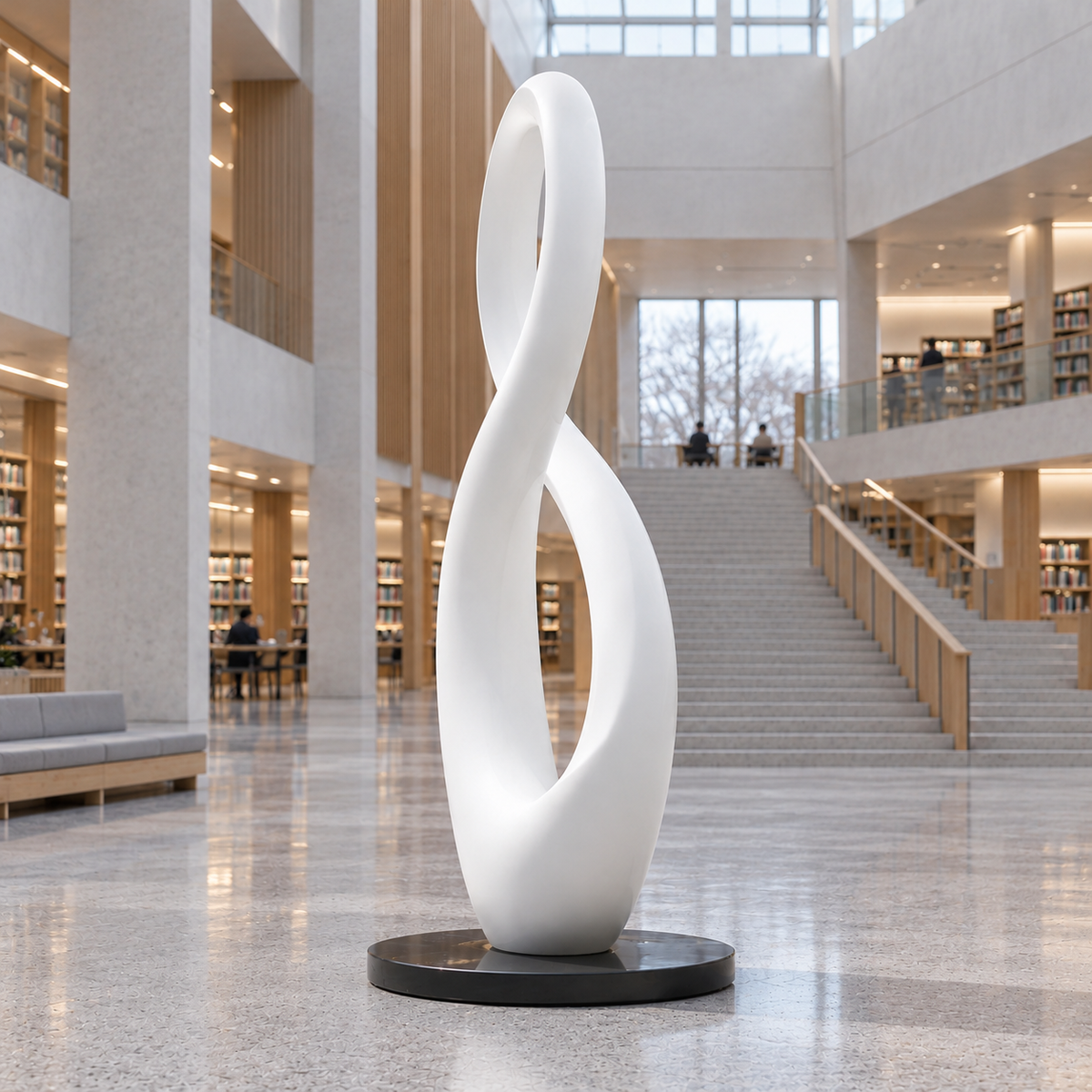 Endless Harmony white fiberglass figure-eight sculpture on a black base in a bright atrium.