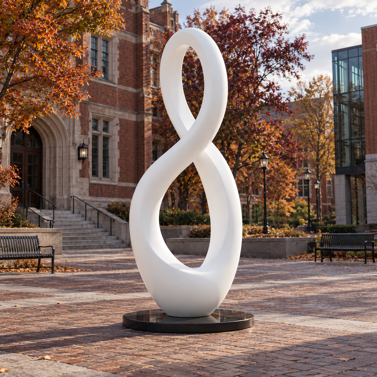 Endless Harmony white fiberglass figure-eight sculpture in a brick courtyard with autumn trees.