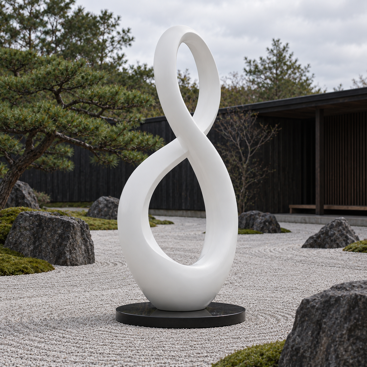 Endless Harmony white fiberglass figure-eight sculpture in a landscaped garden with rocks and gravel.