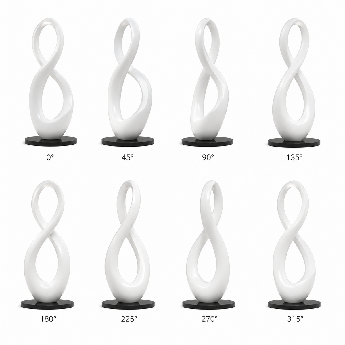 360 degree views of Endless Harmony white fiberglass infinity sculpture shown from eight different angles