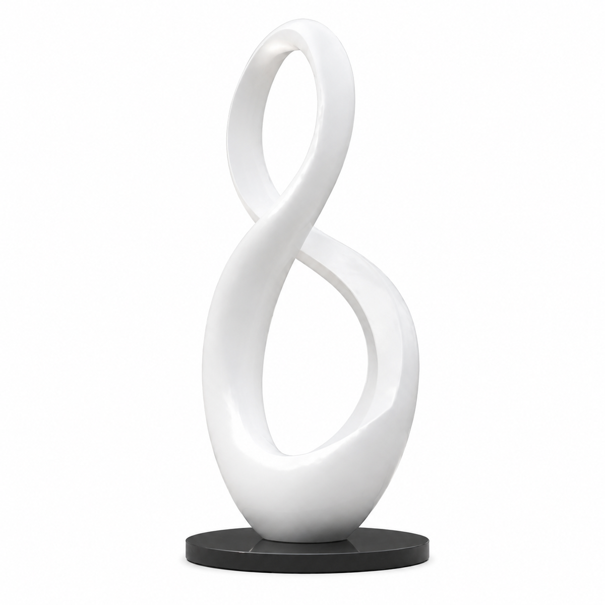 Endless Harmony white fiberglass infinity sculpture on a white background featuring a contemporary abstract infinity design