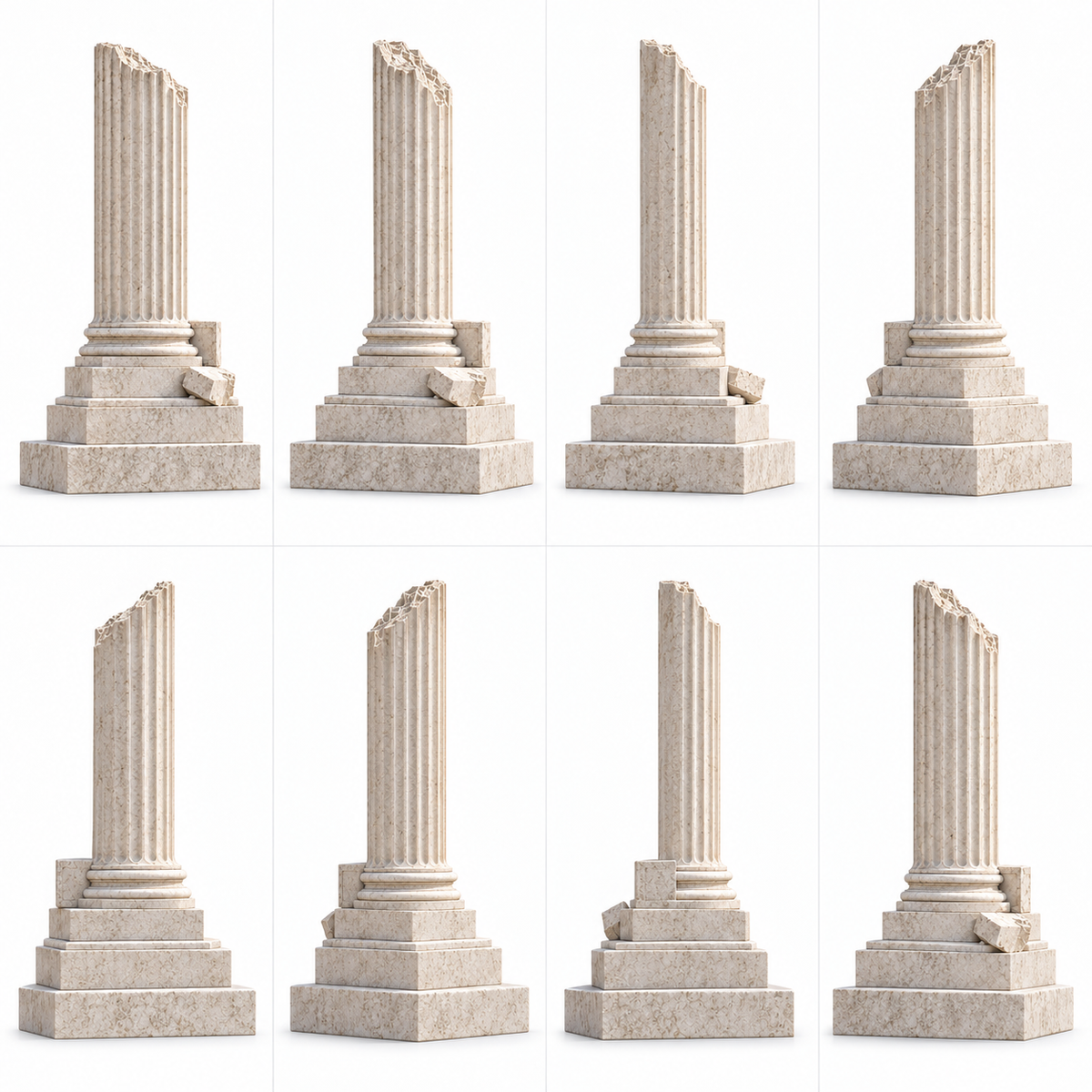 Enduring Legacy classical marble broken column memorial sculpture shown from eight angles in a complete 360-degree product view.
