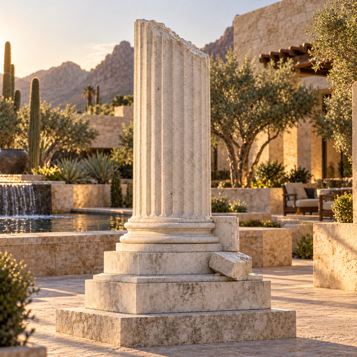 Enduring Legacy Classical Marble Broken Column Memorial Sculpture — desert courtyard at sunset.