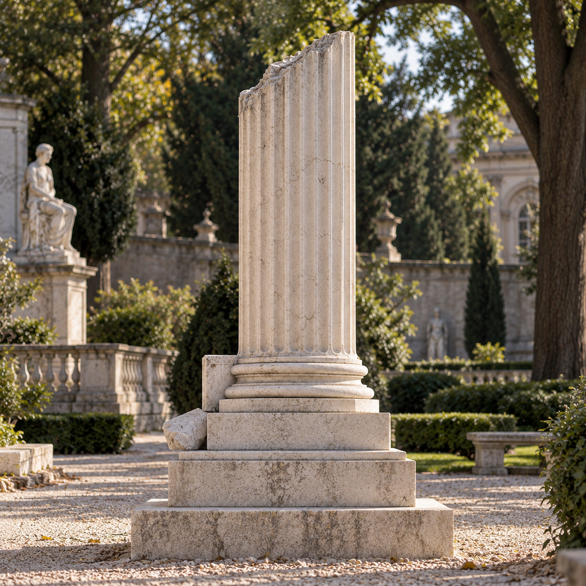 Enduring Legacy Classical Marble Broken Column Memorial Sculpture — historic formal garden.