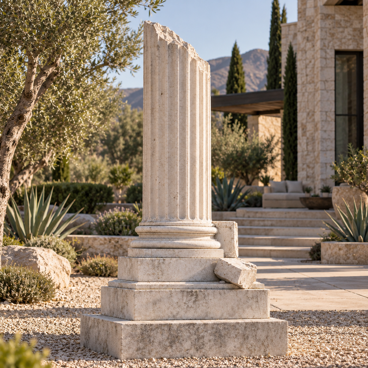 Enduring Legacy Classical Marble Broken Column Memorial Sculpture — Mediterranean garden.