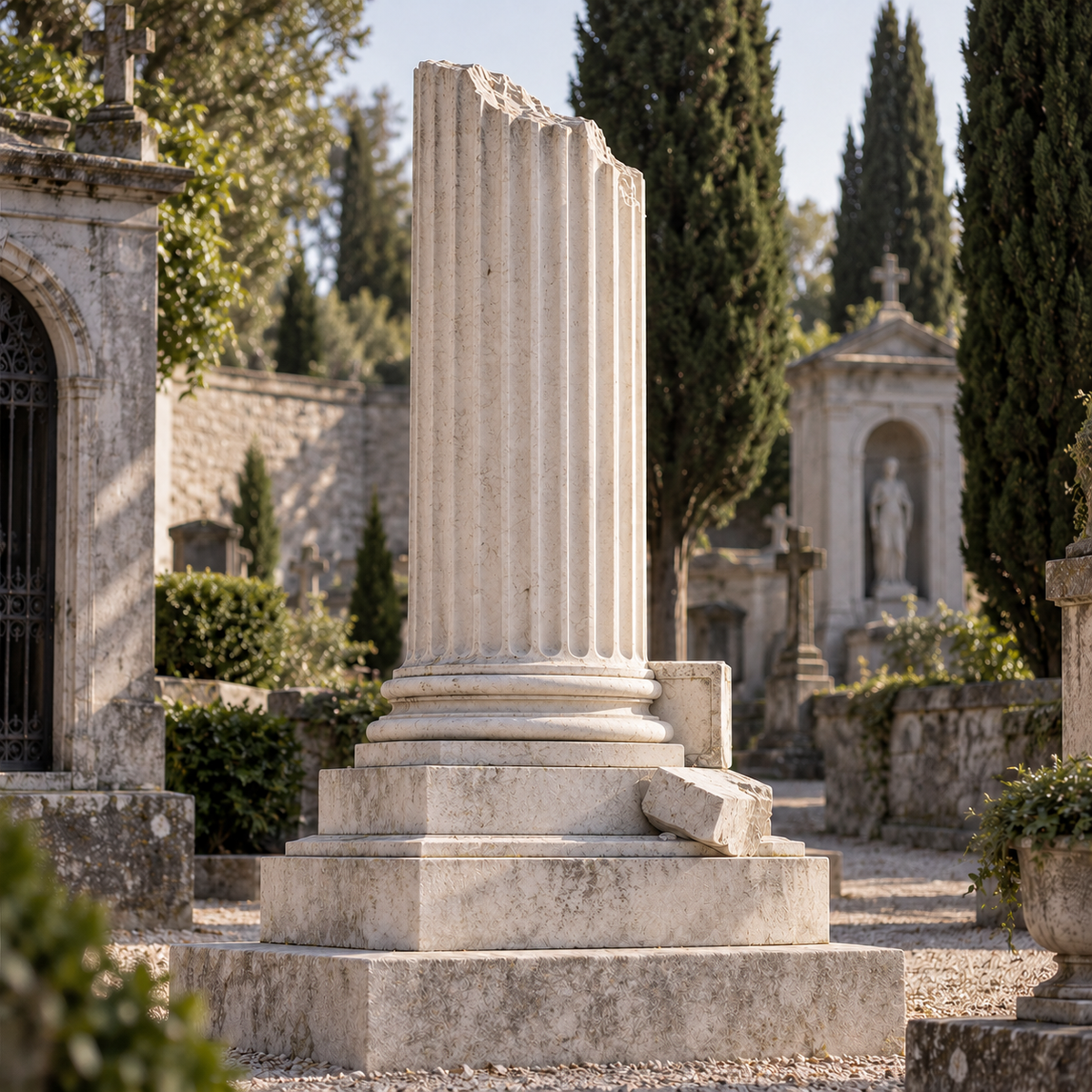 Enduring Legacy classical marble broken column memorial sculpture displayed in a landscaped cemetery garden with traditional stone monuments.