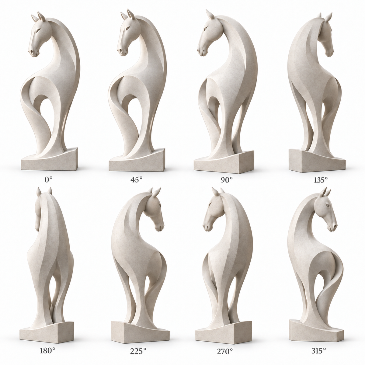 360 degree views of Equine Grace white marble abstract horse sculpture shown from eight different angles
