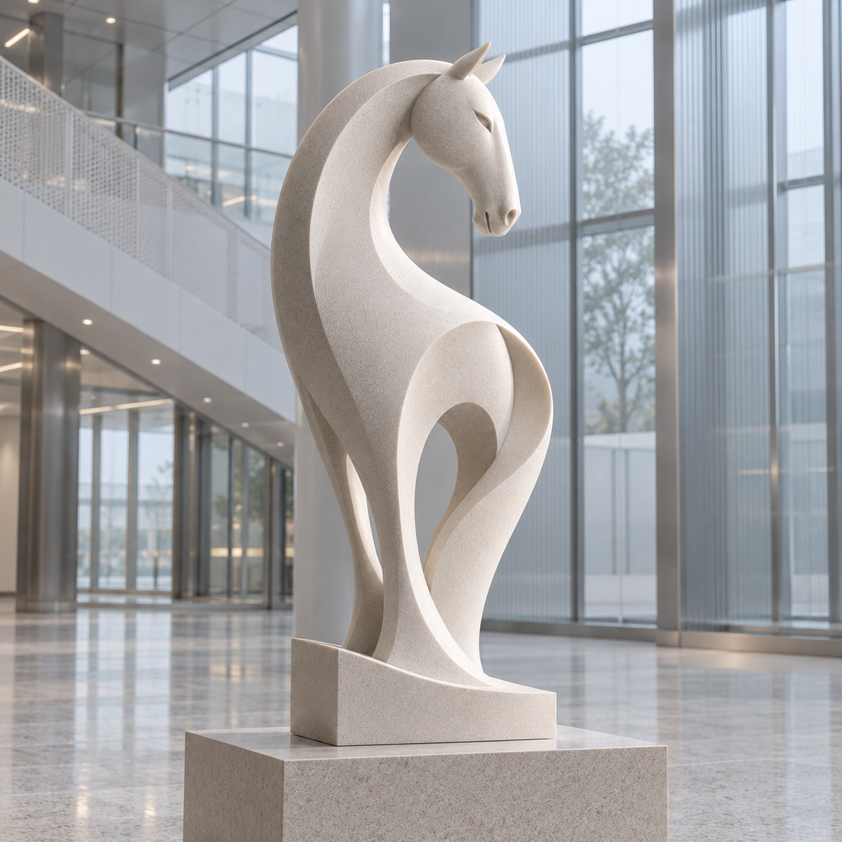 Equine Grace White Marble Abstract Horse Sculpture — bright glass atrium.