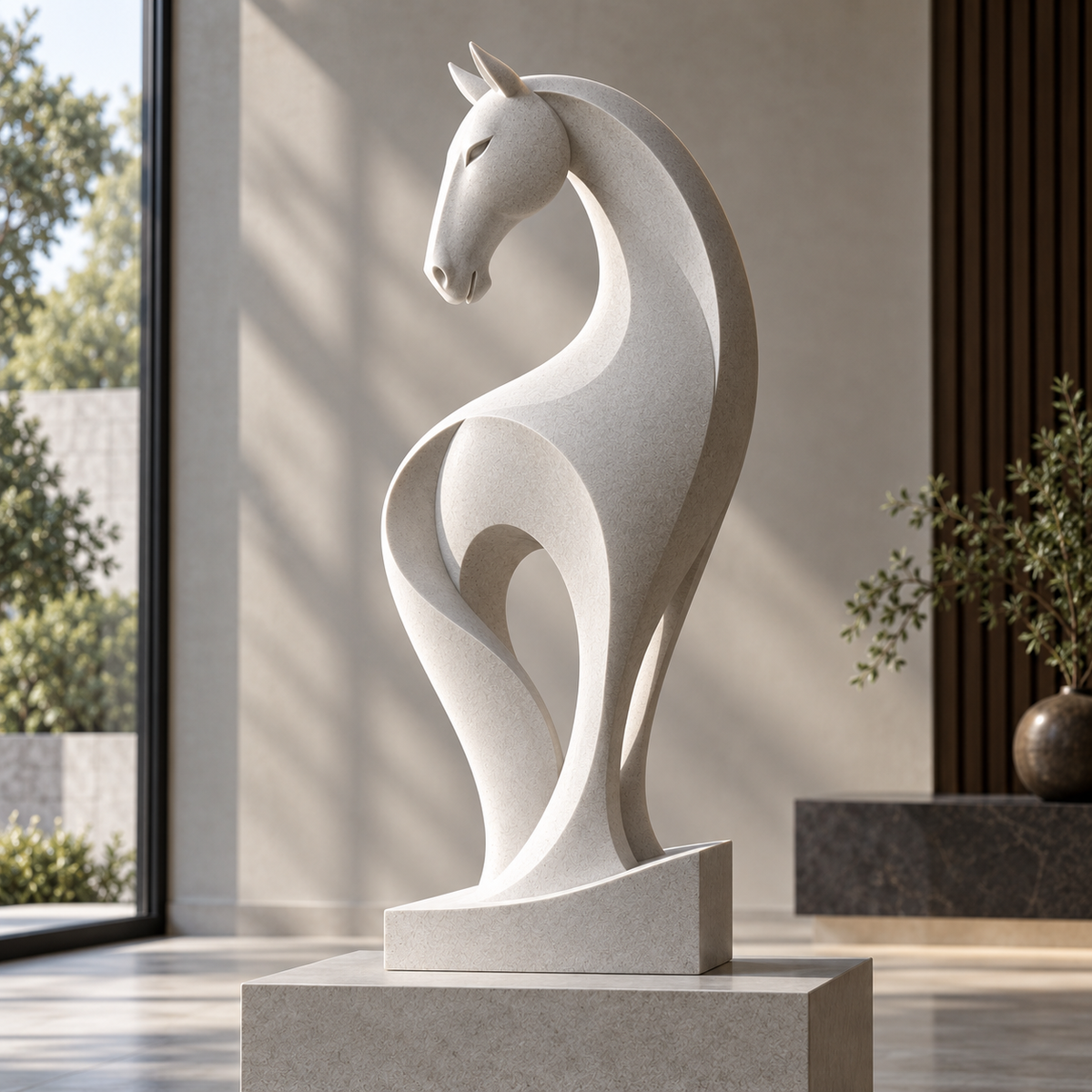 Equine Grace white marble abstract horse sculpture displayed in a refined indoor home setting