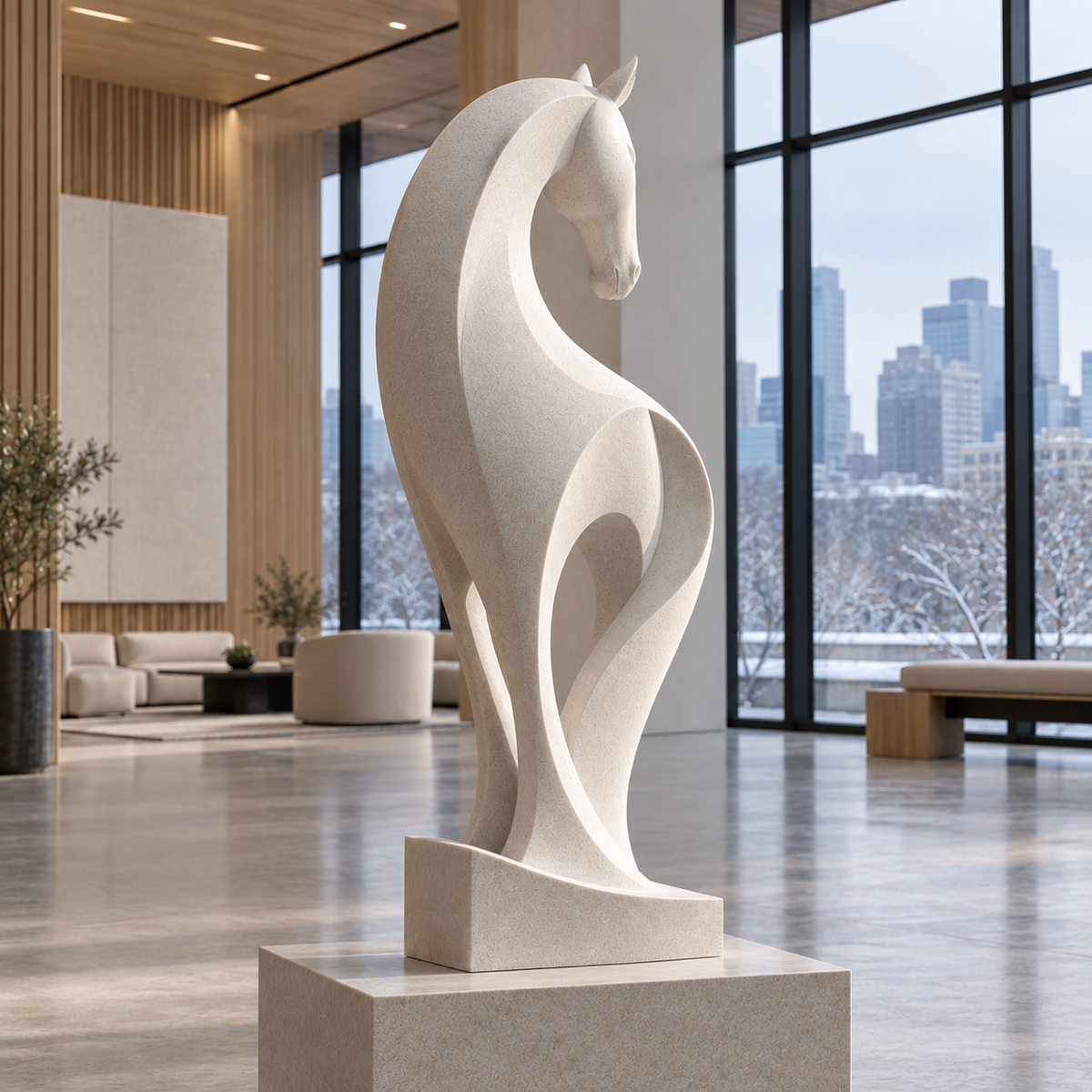 Equine Grace White Marble Abstract Horse Sculpture — modern lounge with city views.