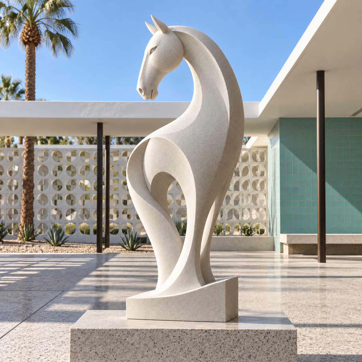 Equine Grace White Marble Abstract Horse Sculpture — palm-lined courtyard.