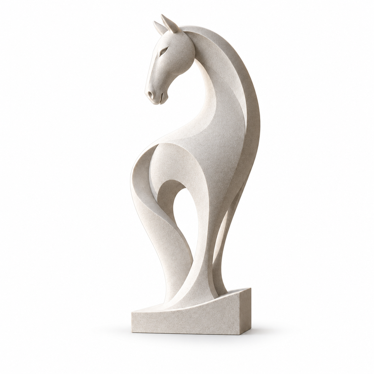 Equine Grace white marble abstract horse sculpture on a white background featuring a contemporary artistic design