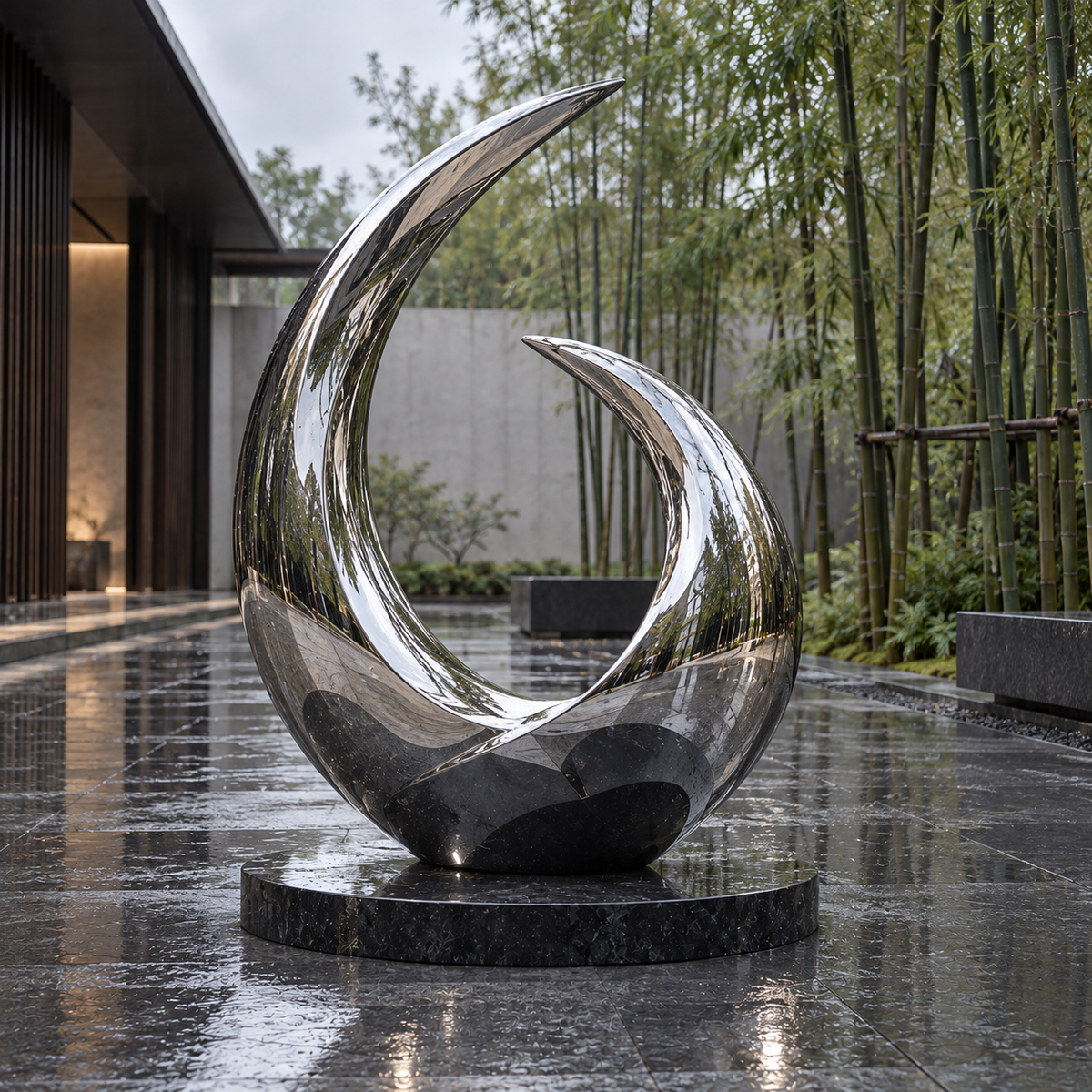 Eternal Arc Mirror Stainless Steel Abstract Wave Sculpture displayed in a wet bamboo courtyard.