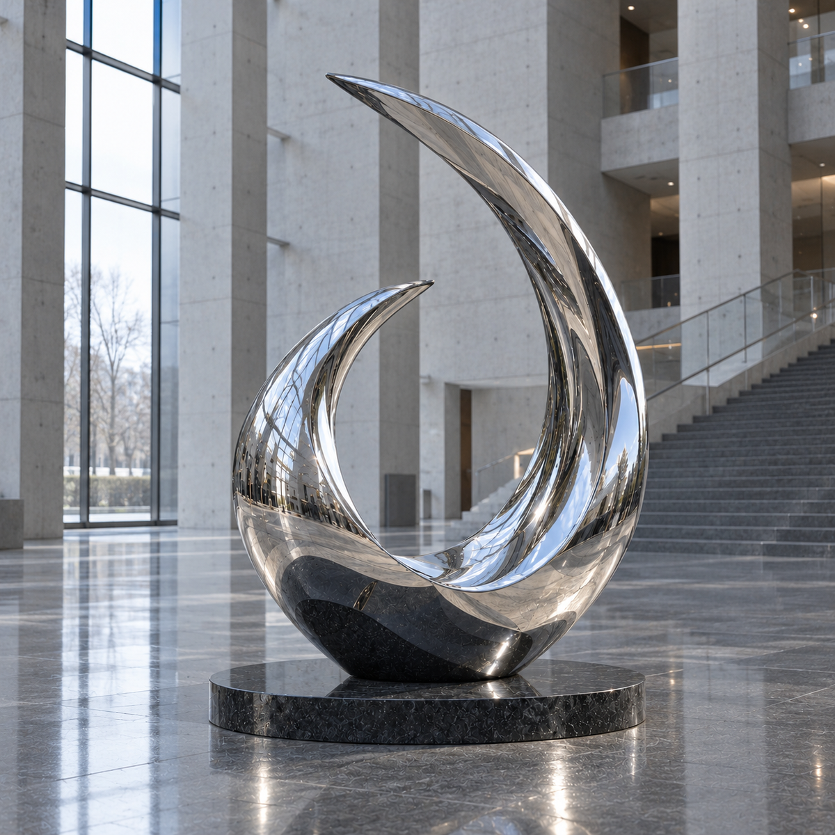 Eternal Arc Mirror Stainless Steel Abstract Wave Sculpture displayed in a bright atrium beside a staircase.