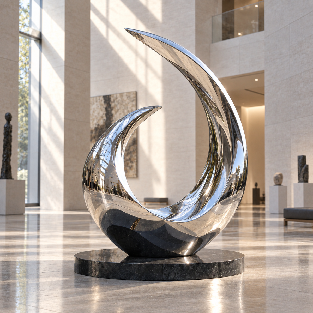 Eternal Arc mirror stainless steel abstract wave sculpture displayed in a modern luxury interior